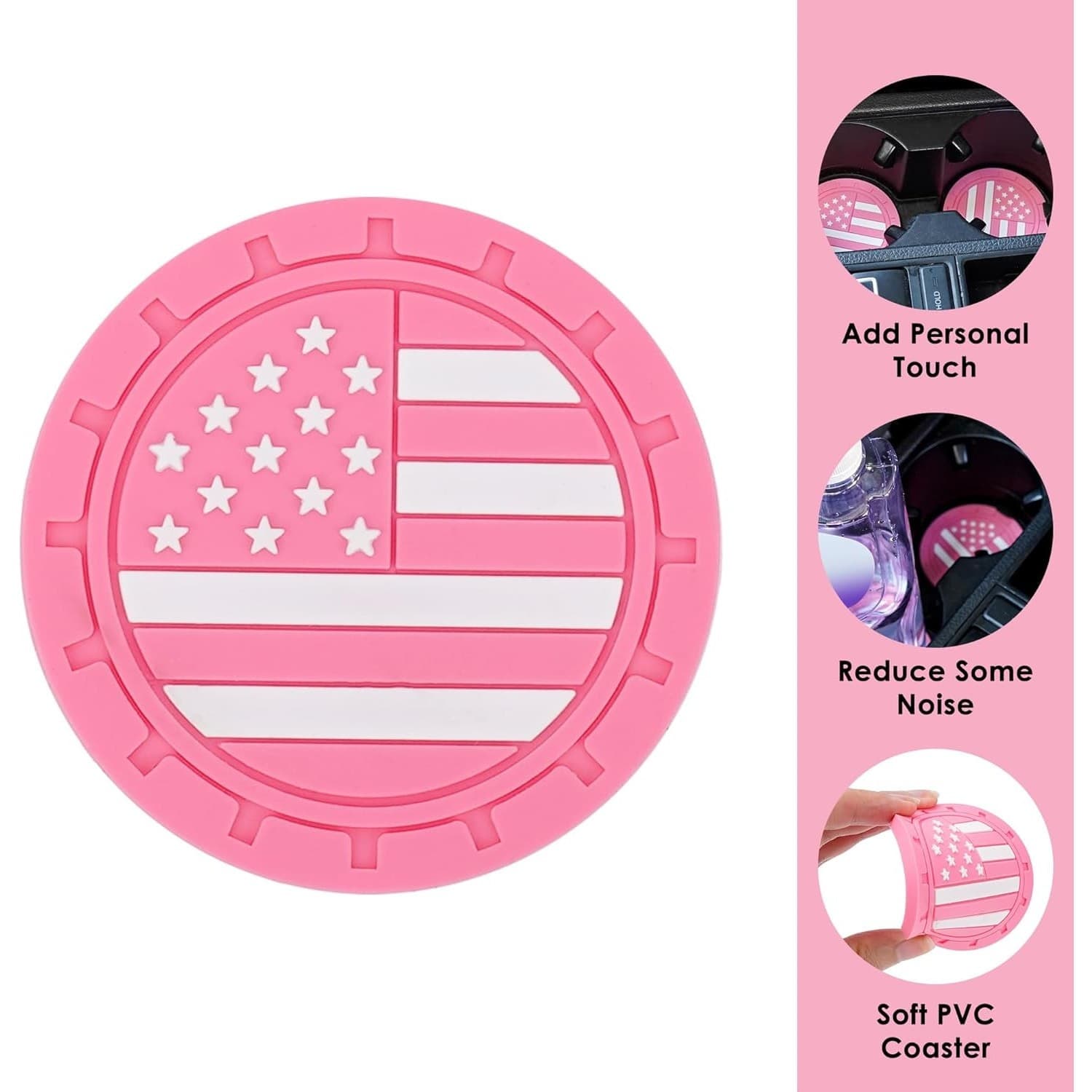 2 Pack Pink American Flag Car Cup Holder Coasters 2.8" PVC Non-Slip Auto Mats - Thumbnail 6