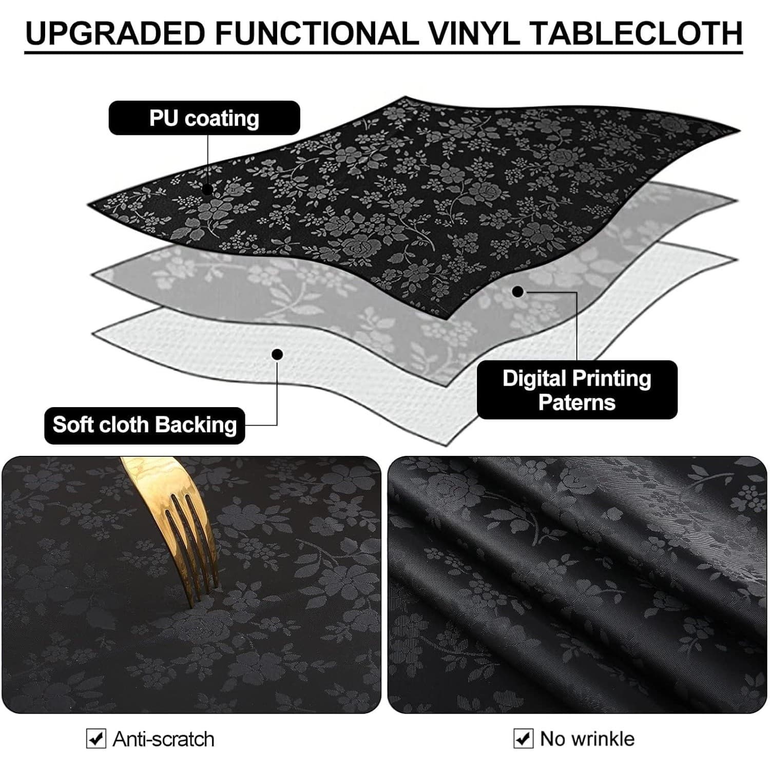 Black Vinyl Tablecloth 60x84 Waterproof Floral Embossed Heavy Duty Cover - Thumbnail 5