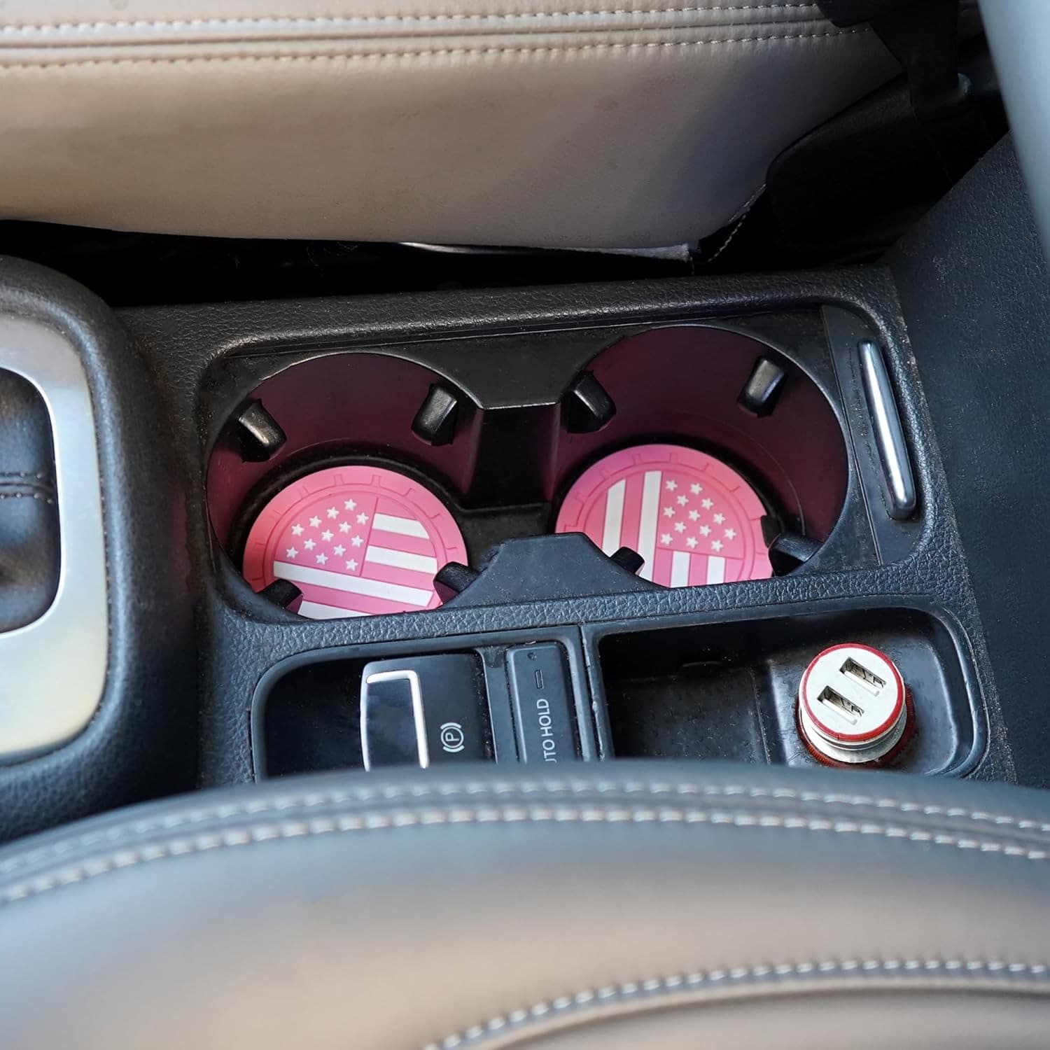 2 Pack Pink American Flag Car Cup Holder Coasters 2.8" PVC Non-Slip Auto Mats - Thumbnail 5