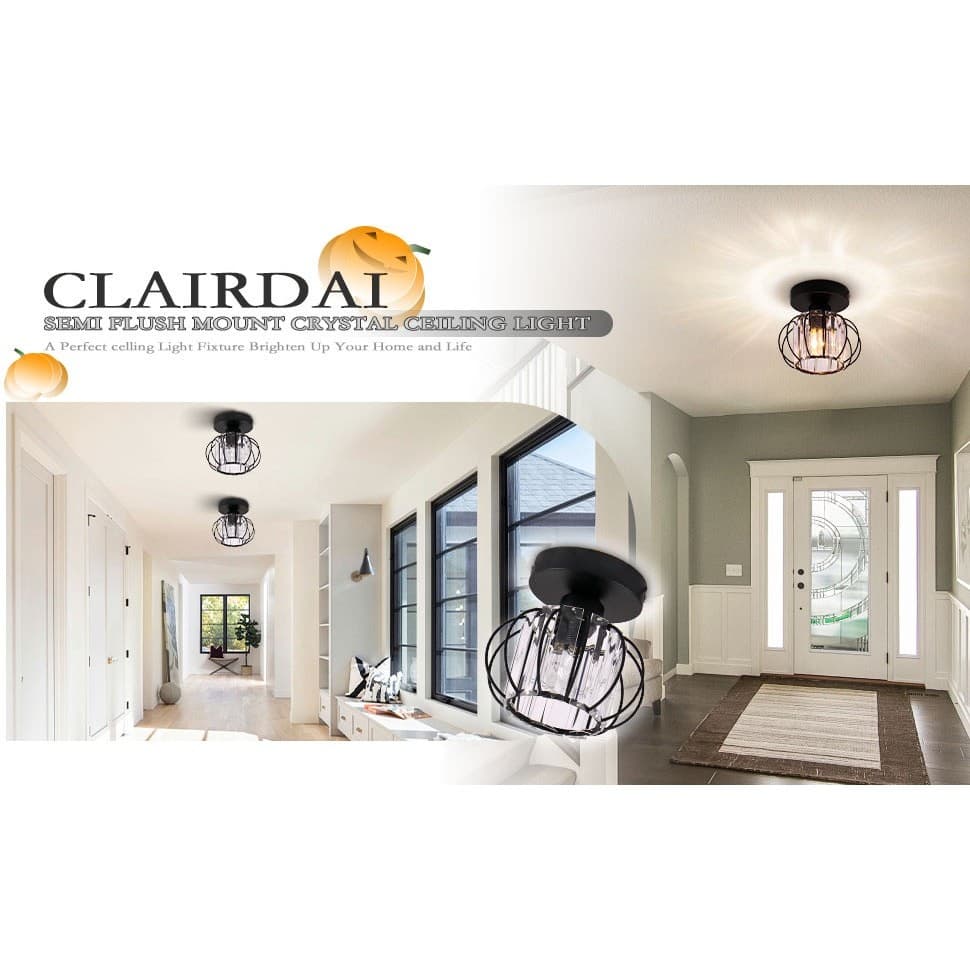Black Modern Crystal Semi Flush Mount Ceiling Light E26 Hallway Fixture Decor - Thumbnail 8