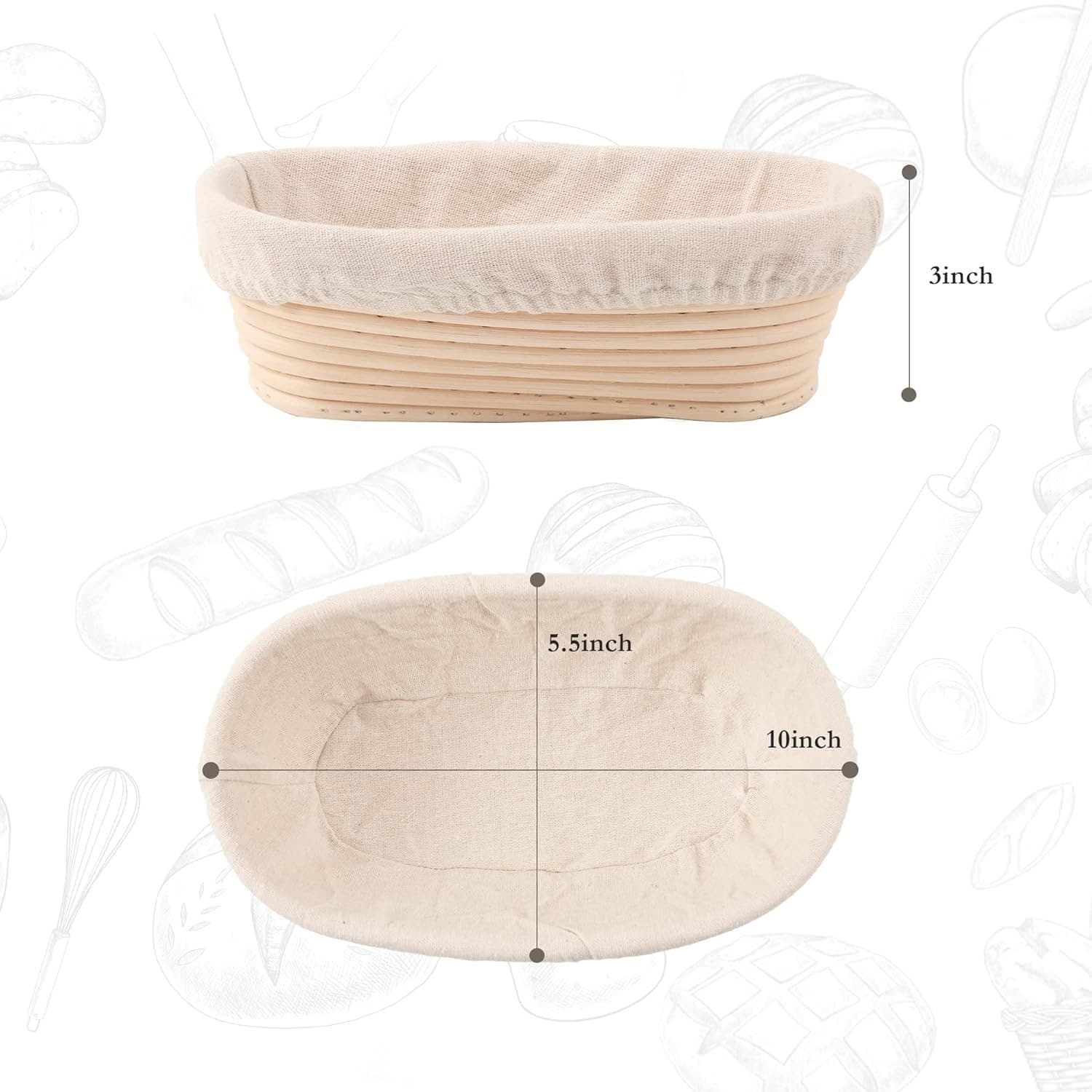 2 Pack Natural Rattan Sourdough Bread Proofing Baskets w/ Cotton Liner Oval 10" - Thumbnail 3