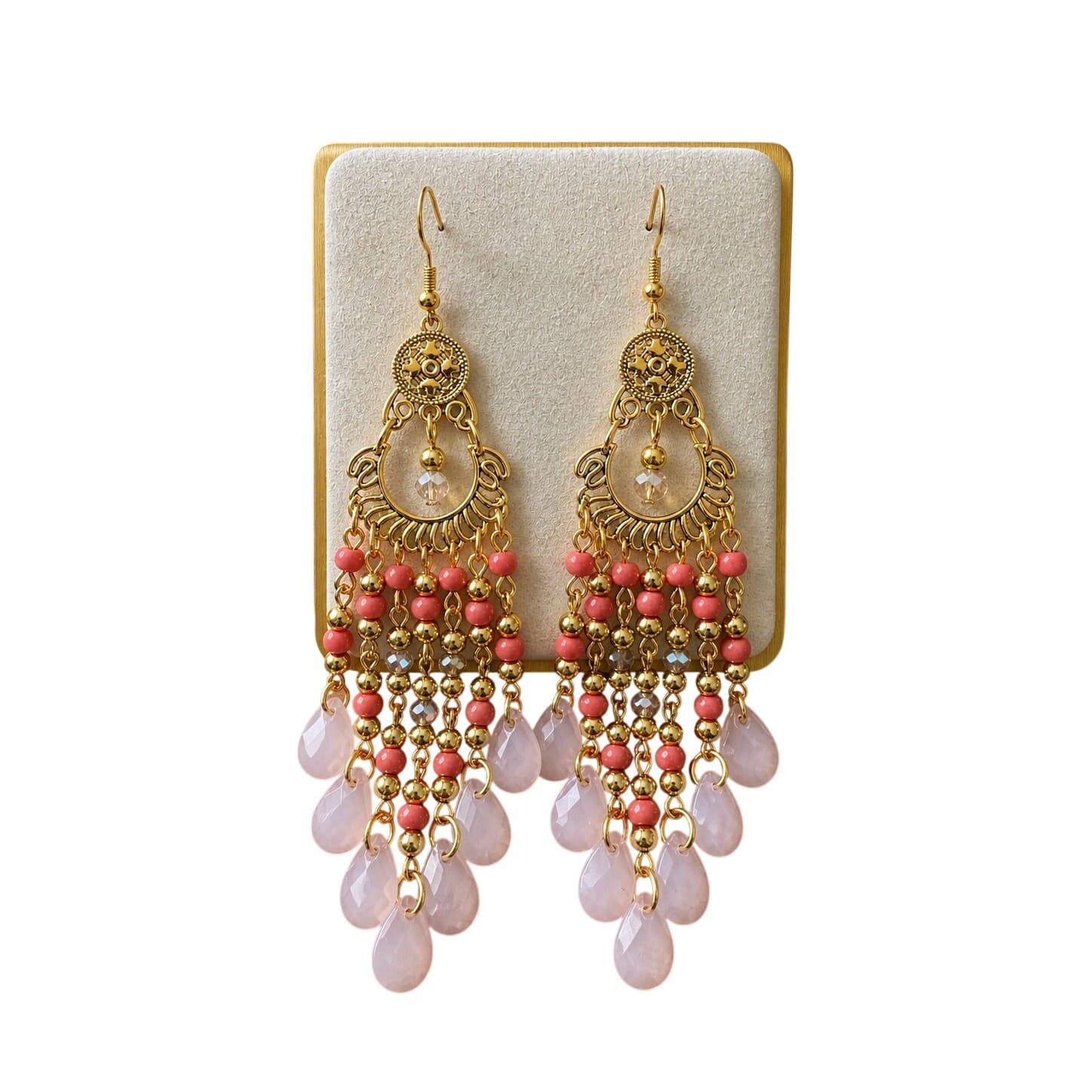Gold Tone Chandelier Earrings Coral Beads Crystal Dangle Hook 4.56in Boho - Thumbnail 4