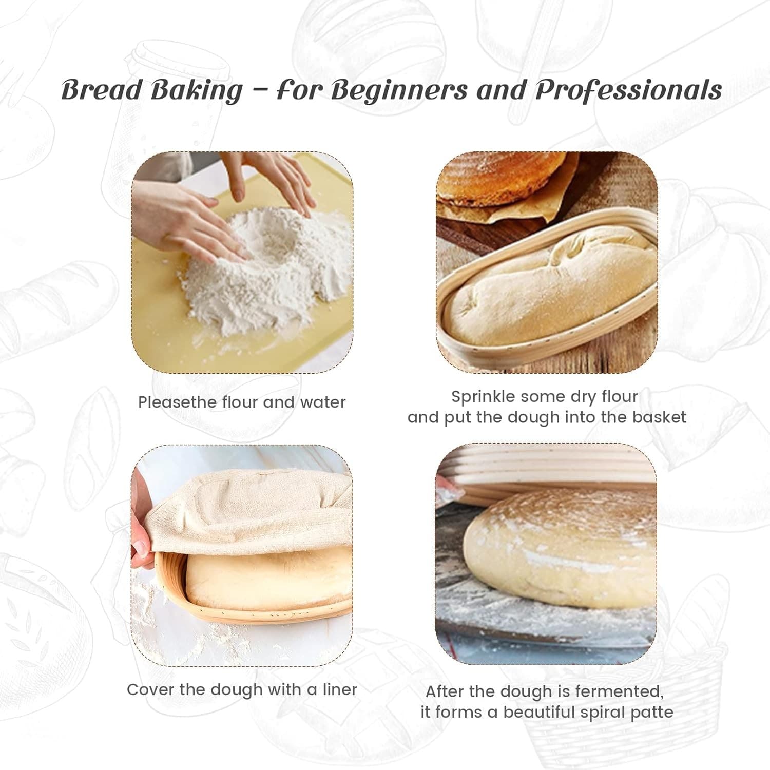 2 Pack Natural Rattan Sourdough Bread Proofing Baskets w/ Cotton Liner Oval 10" - Thumbnail 7