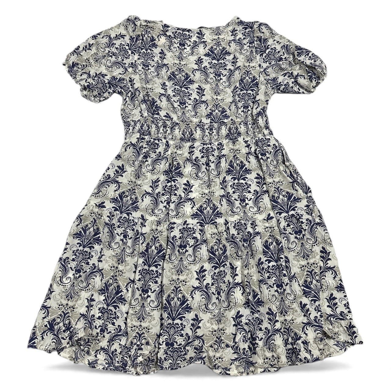 Women Lantern Sleeve Mini Dress Elastic Waist A-Line Blue Baroque Print Size L - Thumbnail 6