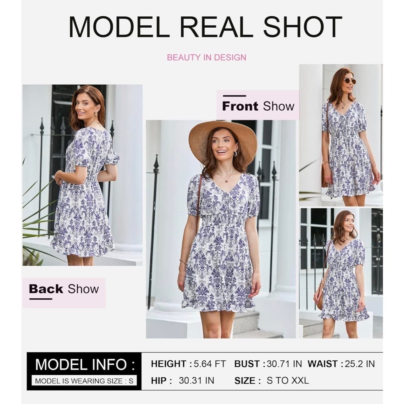 Women Lantern Sleeve Mini Dress Elastic Waist A-Line Blue Baroque Print Size L - Thumbnail 3