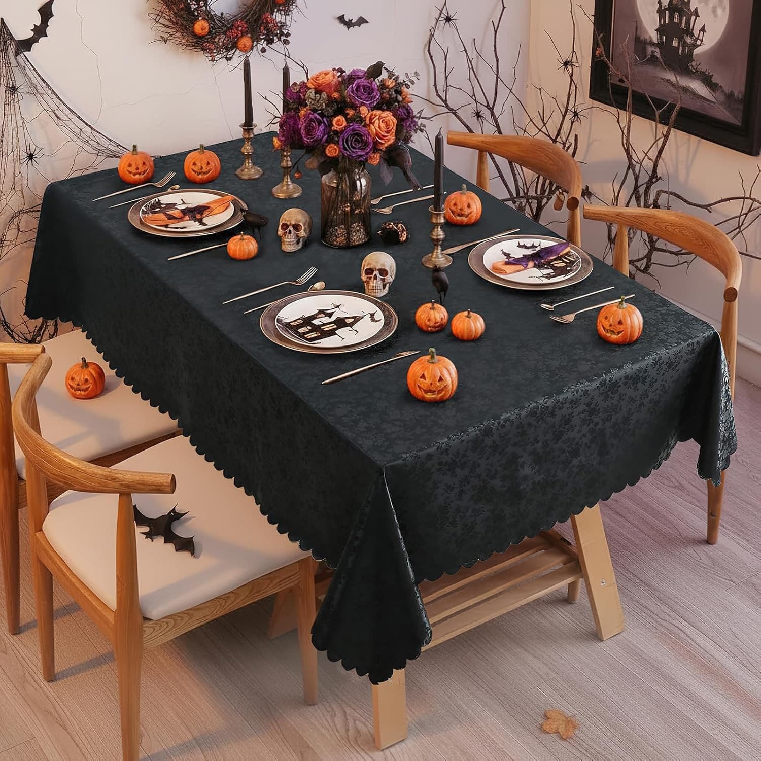 Black Vinyl Tablecloth 60x84 Waterproof Floral Embossed Heavy Duty Cover - Thumbnail 7