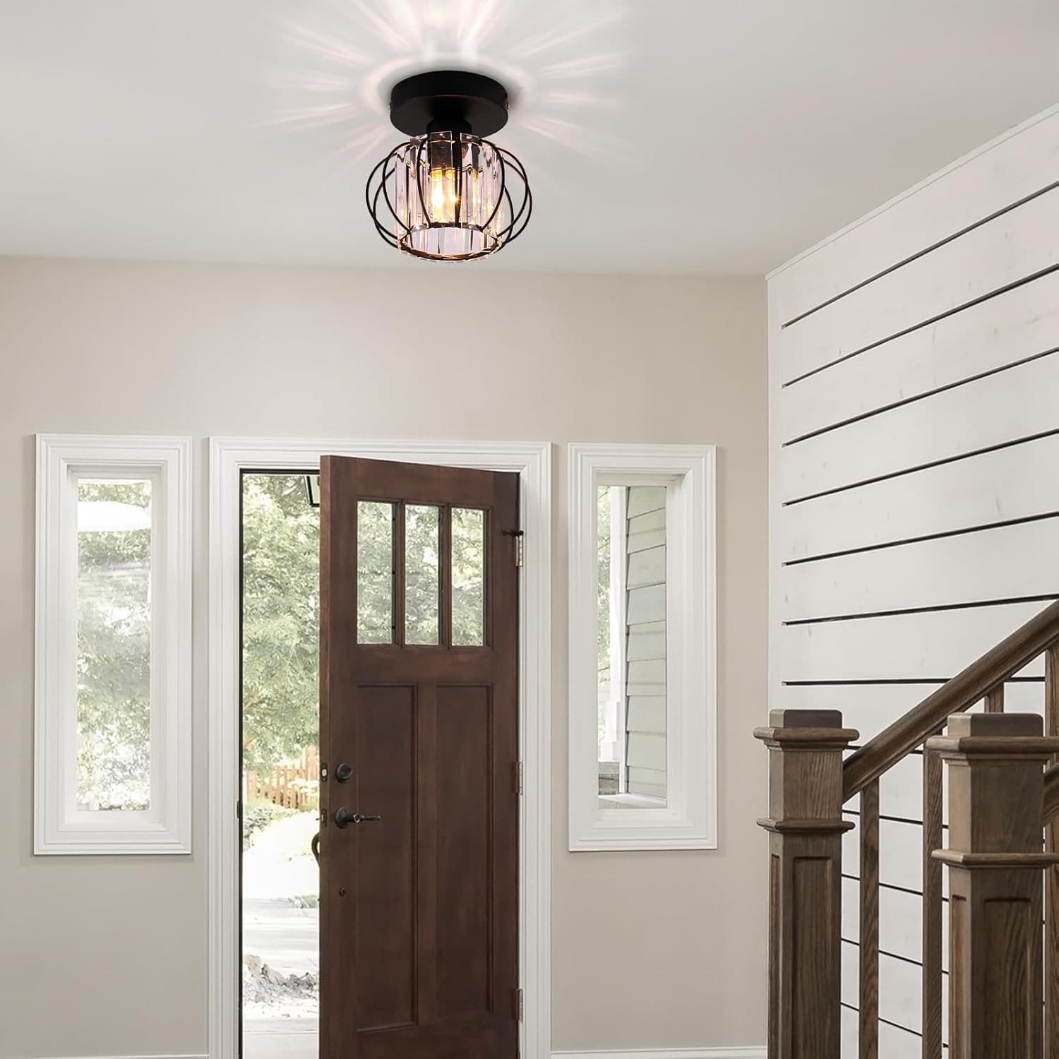 Black Modern Crystal Semi Flush Mount Ceiling Light E26 Hallway Fixture Decor - Thumbnail 4