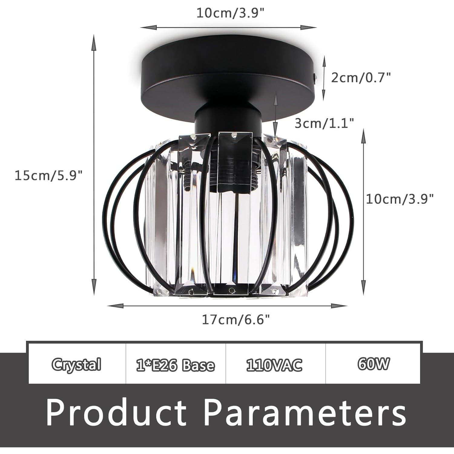 Black Modern Crystal Semi Flush Mount Ceiling Light E26 Hallway Fixture Decor - Thumbnail 2