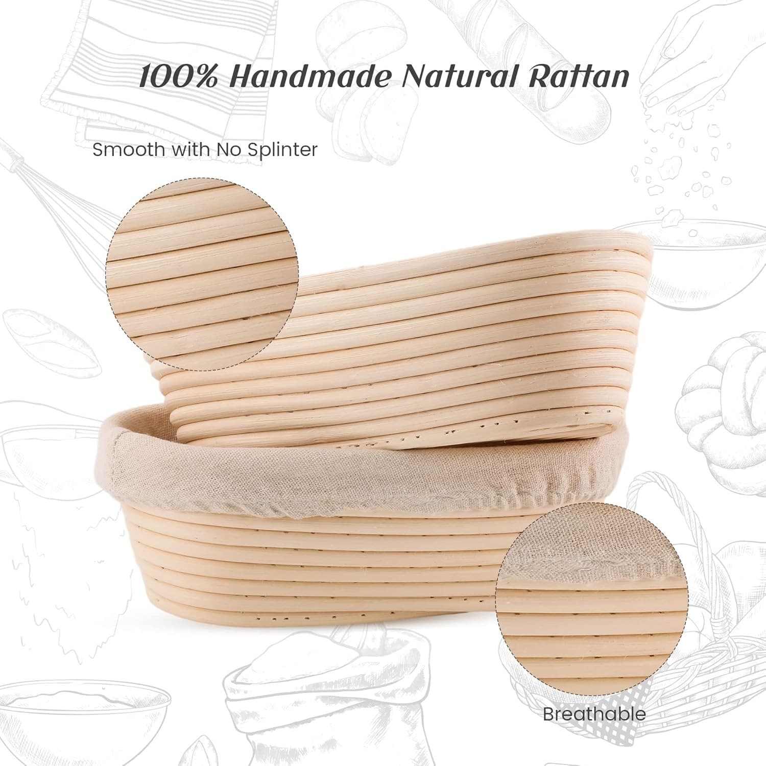 2 Pack Natural Rattan Sourdough Bread Proofing Baskets w/ Cotton Liner Oval 10" - Thumbnail 2