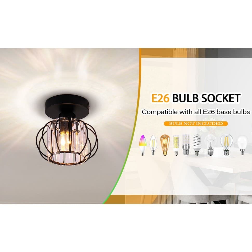 Black Modern Crystal Semi Flush Mount Ceiling Light E26 Hallway Fixture Decor - Thumbnail 7