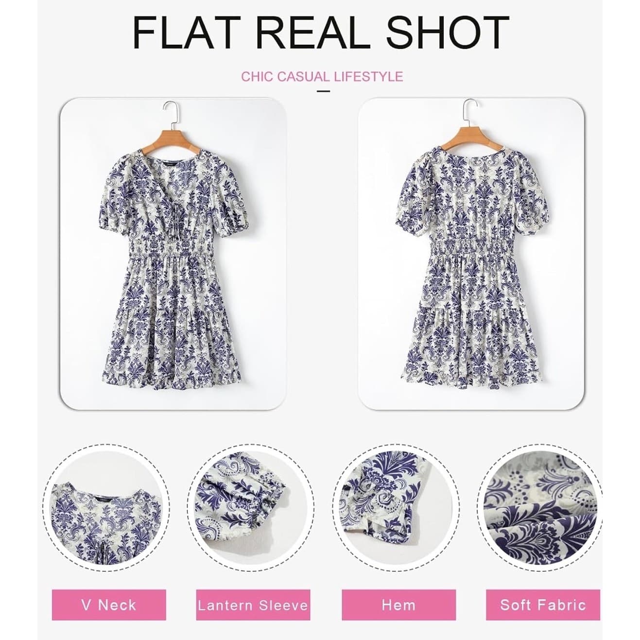 Women Lantern Sleeve Mini Dress Elastic Waist A-Line Blue Baroque Print Size L - Thumbnail 2