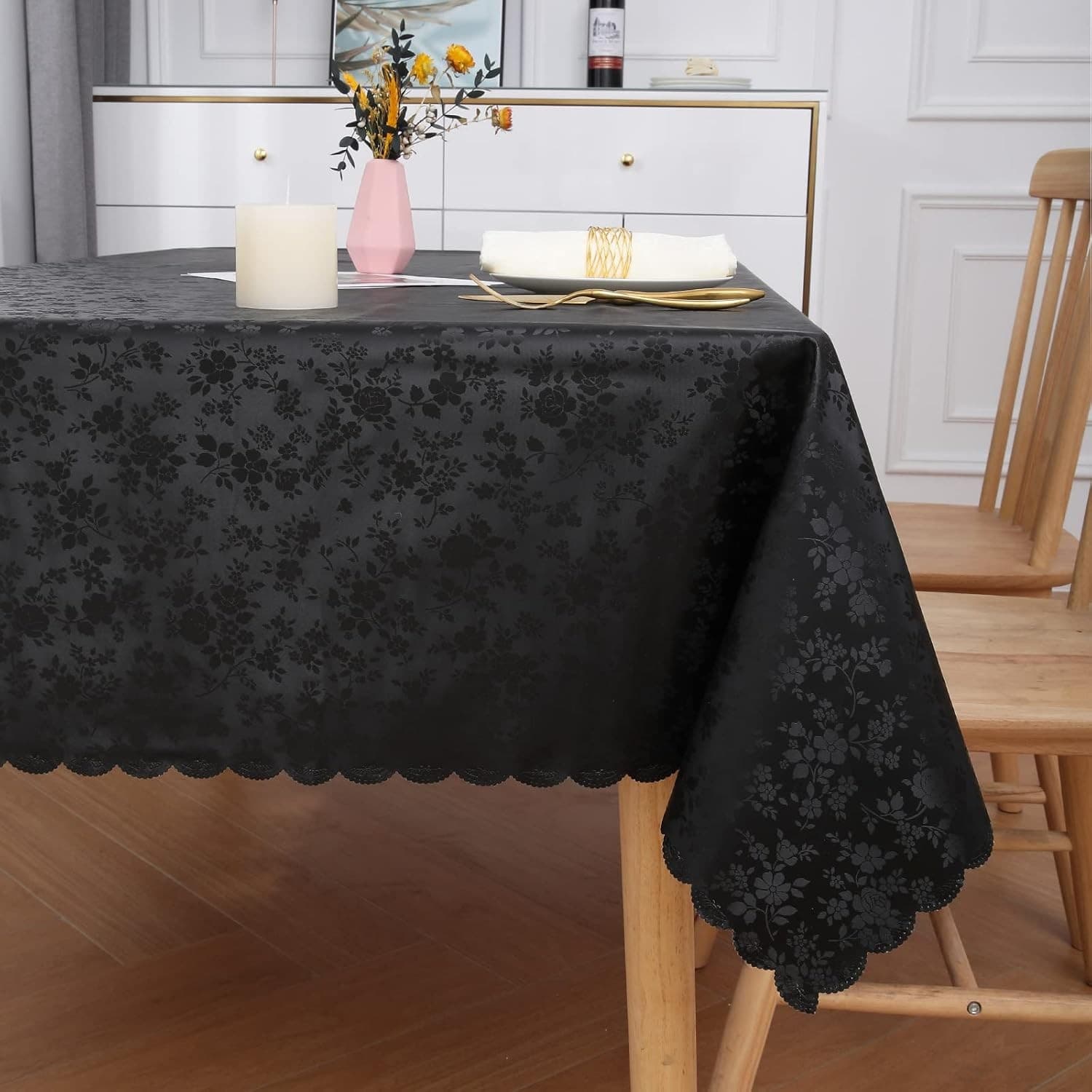 Black Vinyl Tablecloth 60x84 Waterproof Floral Embossed Heavy Duty Cover - Thumbnail 2