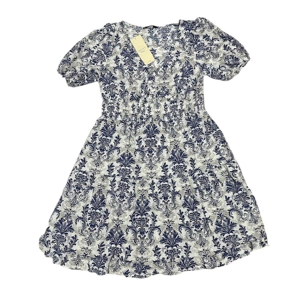 Women Lantern Sleeve Mini Dress Elastic Waist A-Line Blue Baroque Print Size L - Thumbnail 5