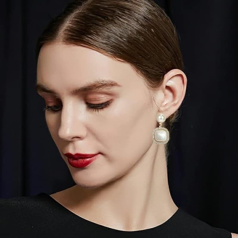 Gold Pearl Clip On Earrings Square Drop Dangle Bridal Wedding Jewelry - Thumbnail 5