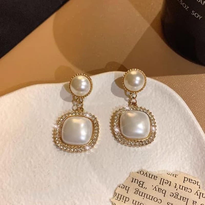 Gold Pearl Clip On Earrings Square Drop Dangle Bridal Wedding Jewelry - Thumbnail 2