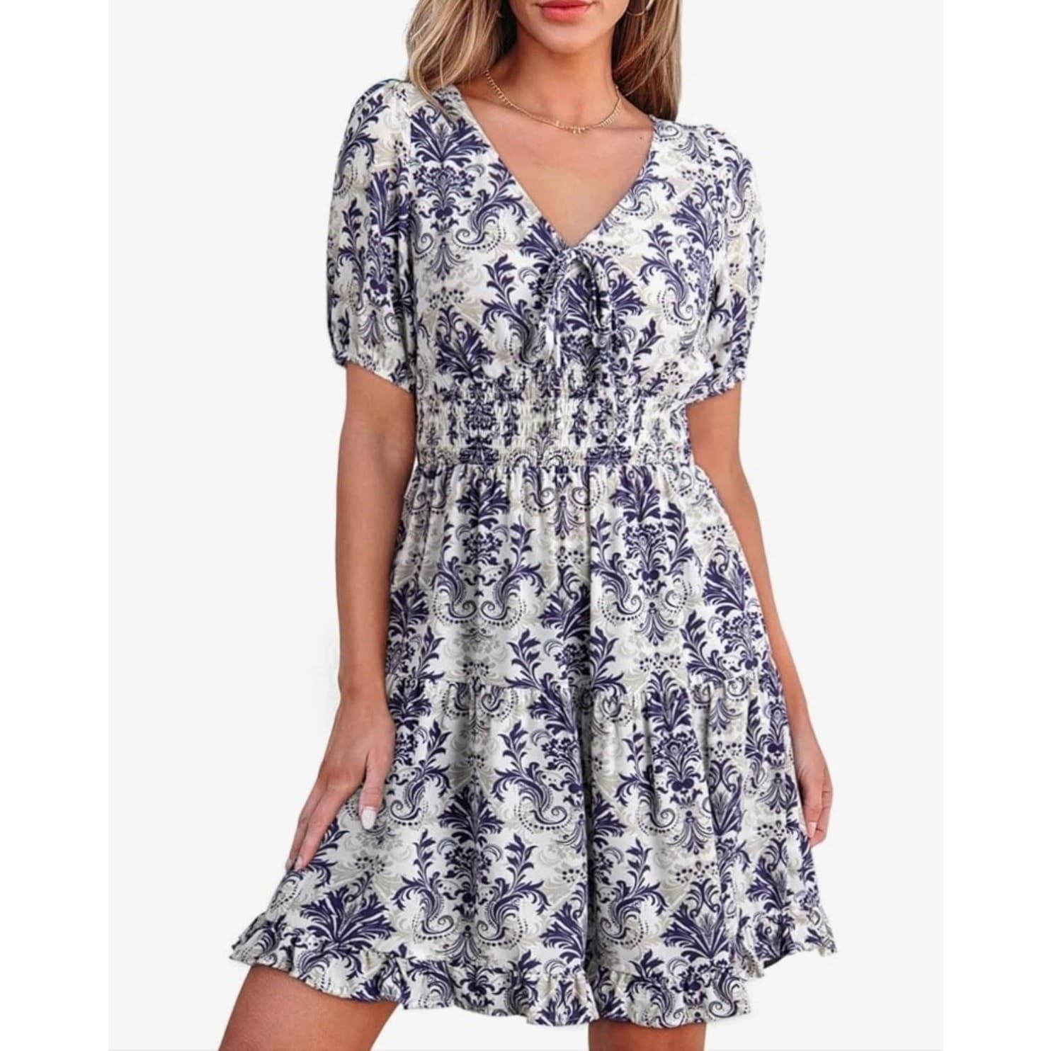 Women Lantern Sleeve Mini Dress Elastic Waist A-Line Blue Baroque Print Size L - Thumbnail 4