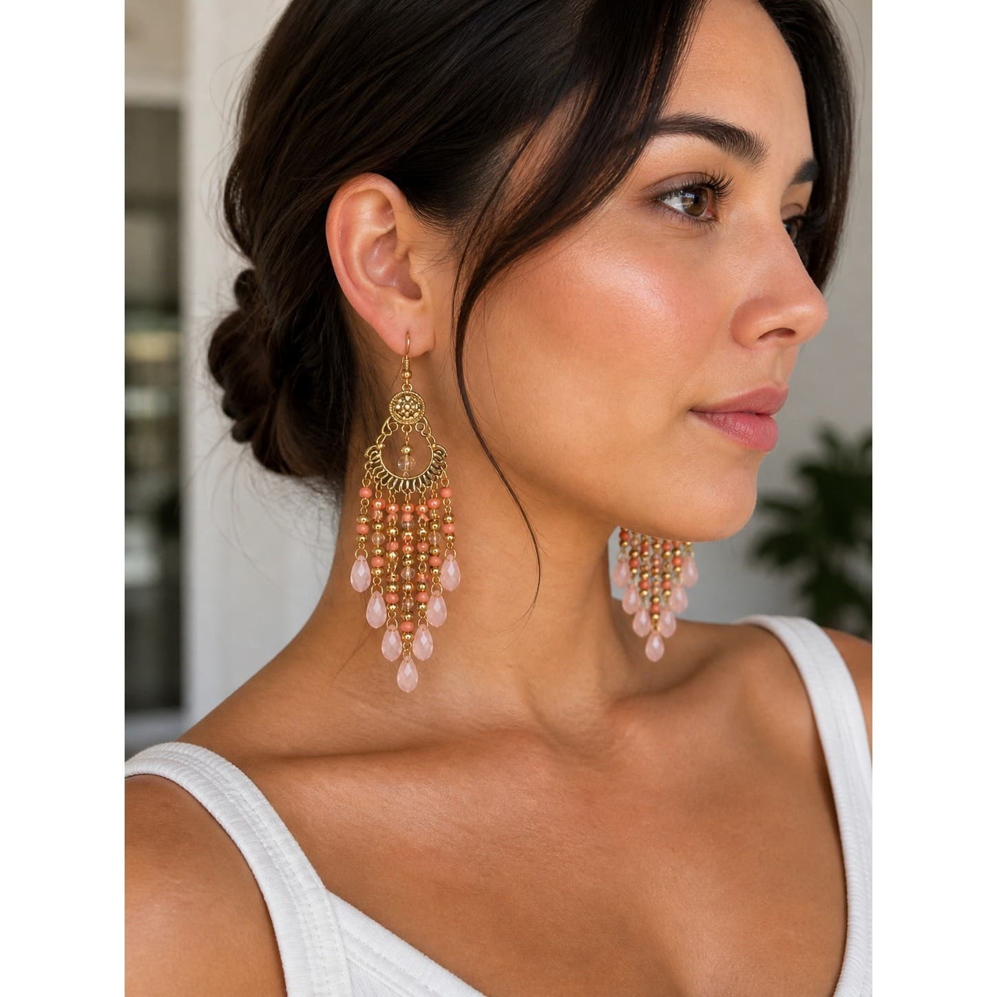 Gold Tone Chandelier Earrings Coral Beads Crystal Dangle Hook 4.56in Boho - Thumbnail 2