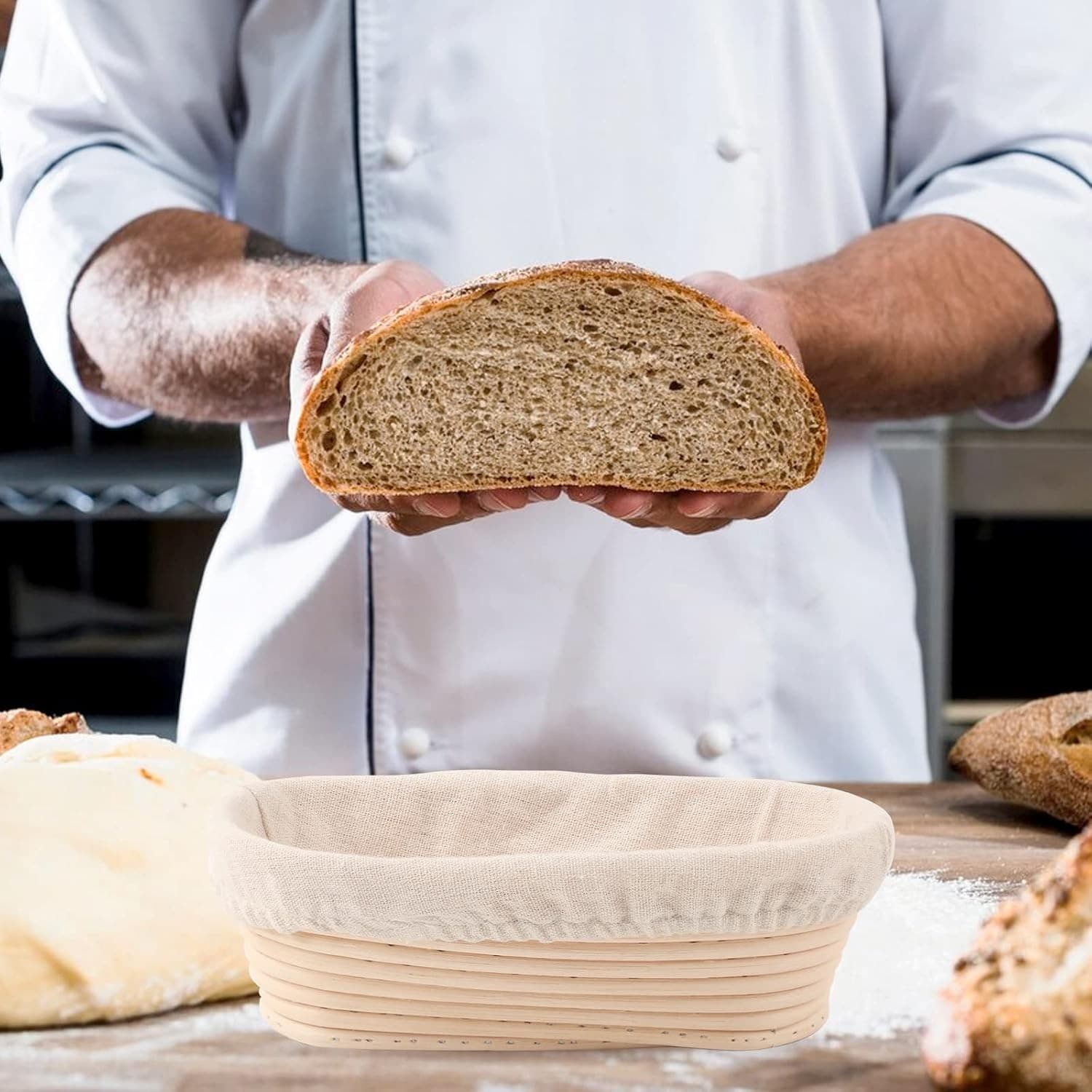 2 Pack Natural Rattan Sourdough Bread Proofing Baskets w/ Cotton Liner Oval 10" - Thumbnail 5