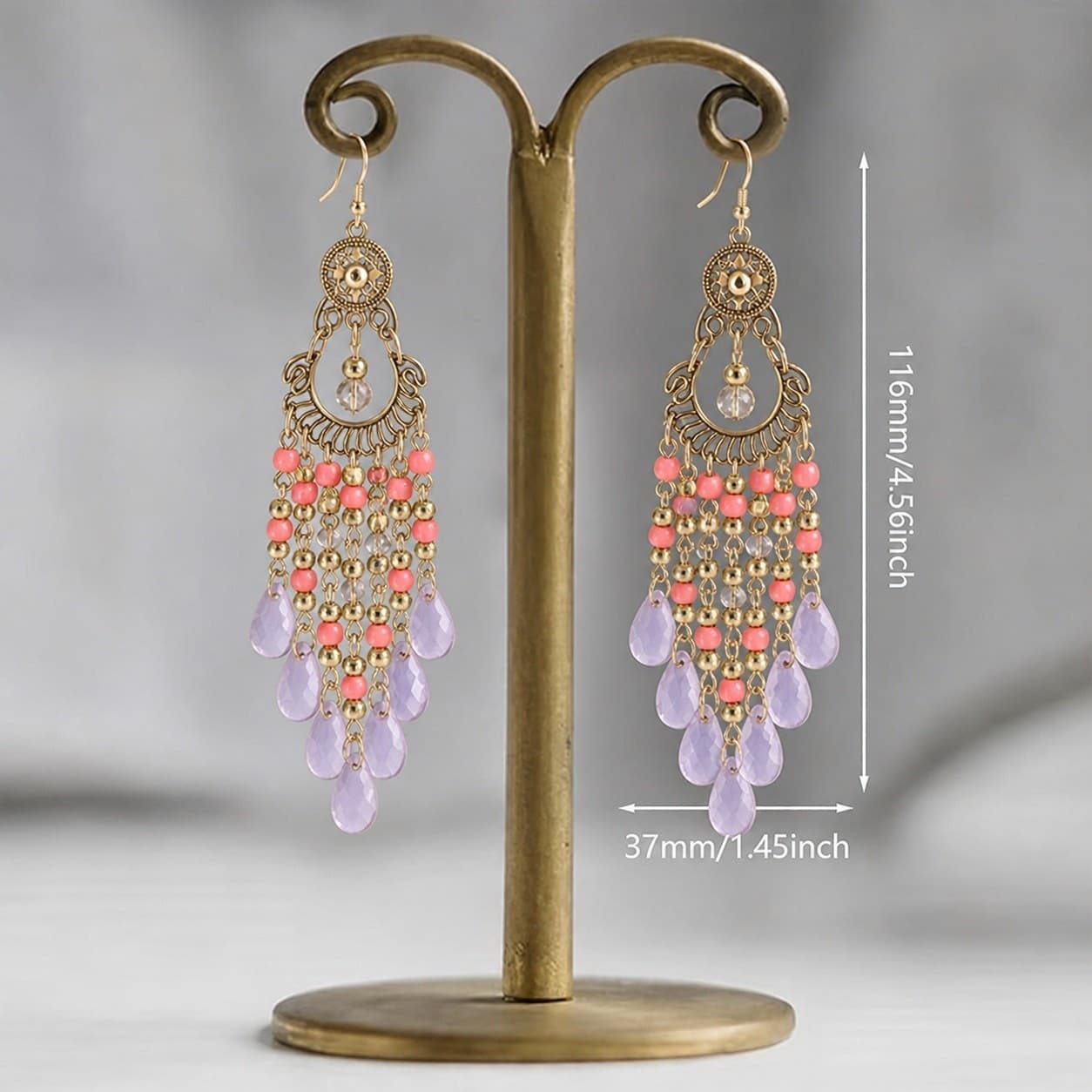 Gold Tone Chandelier Earrings Coral Beads Crystal Dangle Hook 4.56in Boho - Thumbnail 3