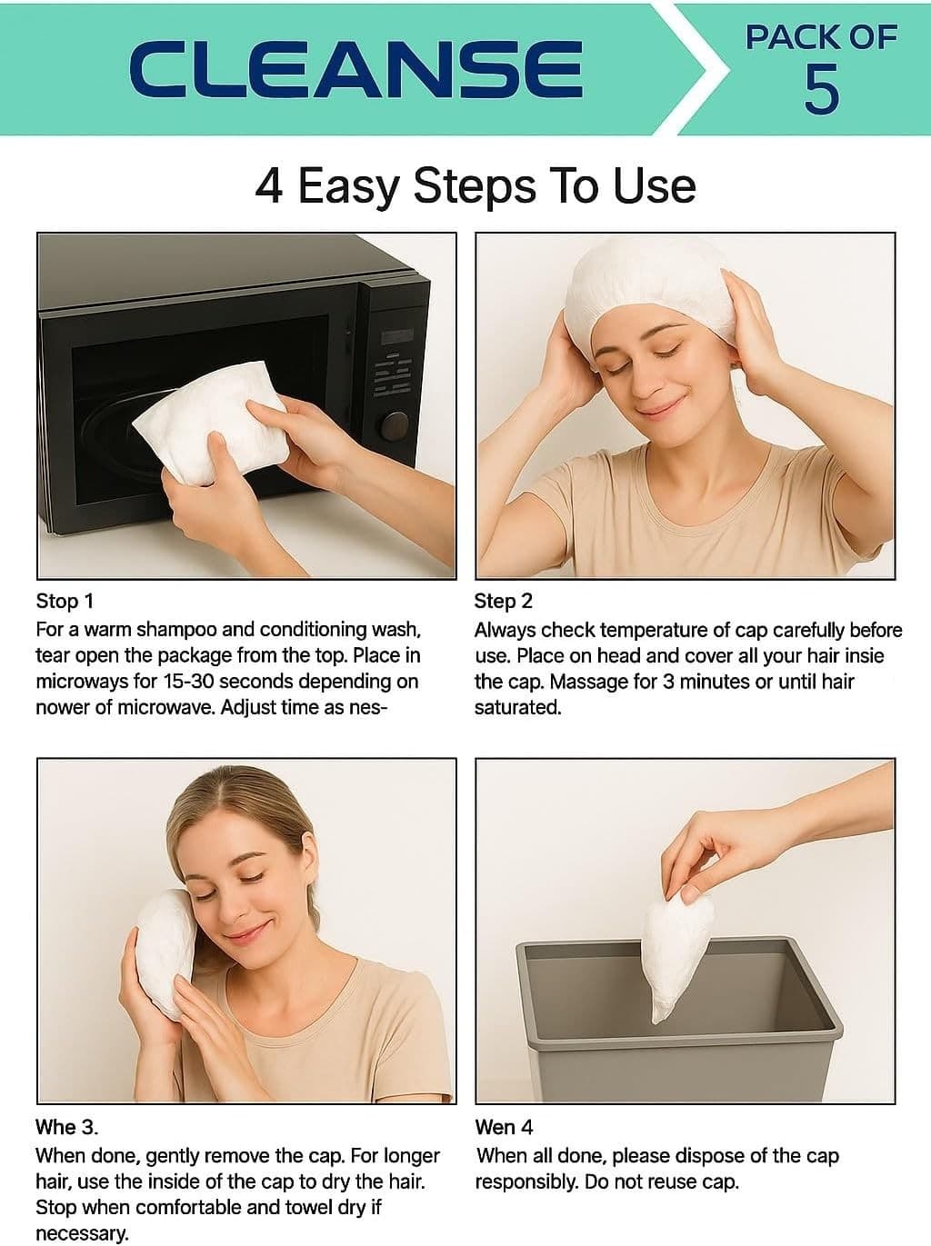 Cleanse Rinse Free Shampoo & Conditioning Cap 5 Pack Waterless No Rinse Hair Was - Thumbnail 5
