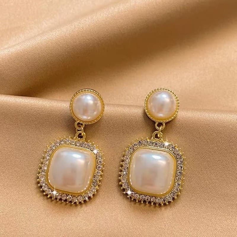 Gold Pearl Clip On Earrings Square Drop Dangle Bridal Wedding Jewelry - Thumbnail 4