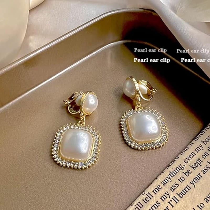 Gold Pearl Clip On Earrings Square Drop Dangle Bridal Wedding Jewelry - Thumbnail 3