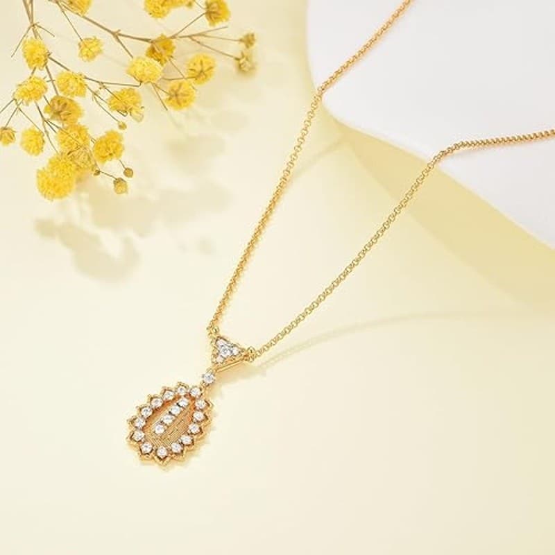 14K Gold Plated Oval Pendant Necklace Cubic Zirconia Pearl Vintage Style - Thumbnail 2