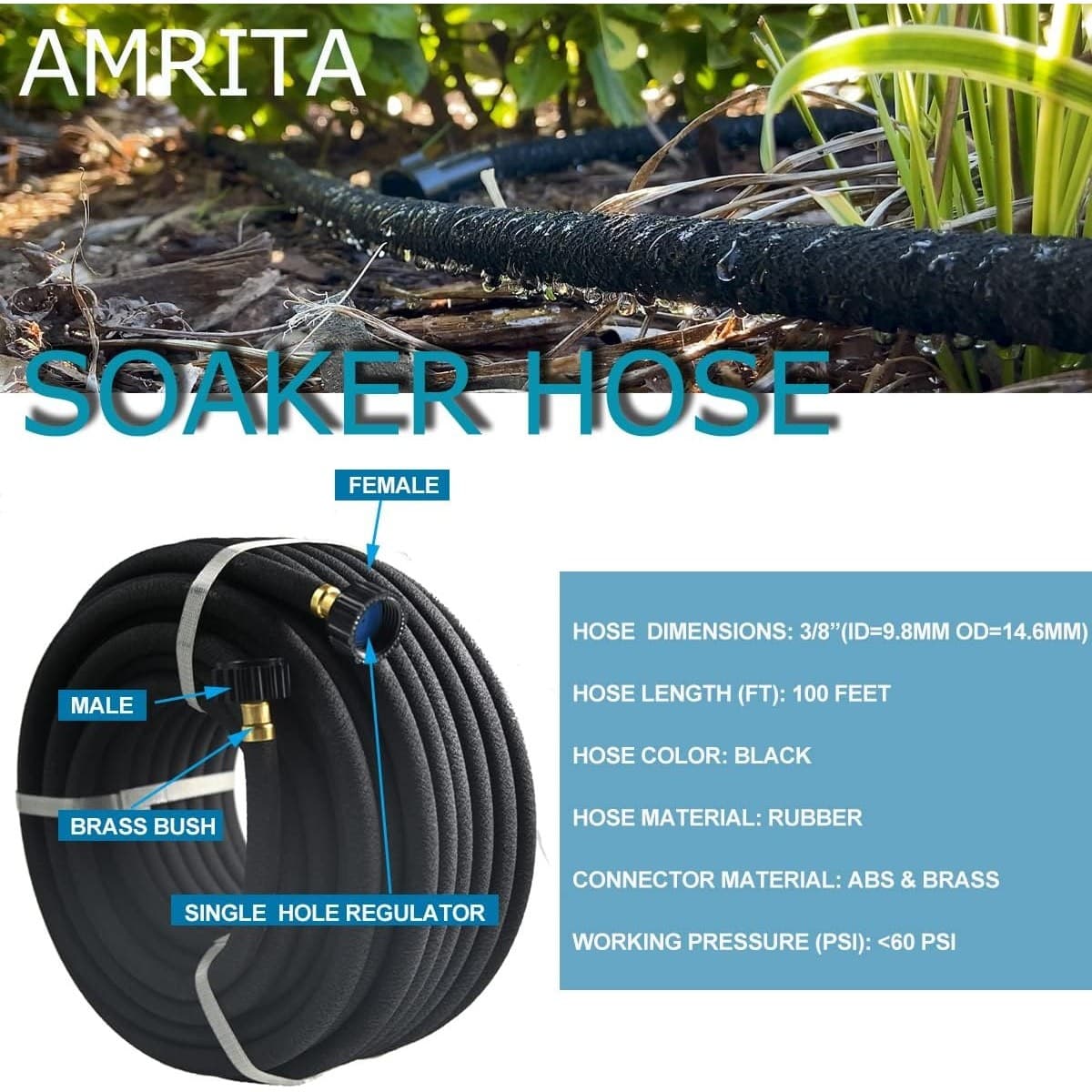 3/8'' 100FT Soaker Hose Kit Rubber Garden Hose Water Saving Black - Thumbnail 2