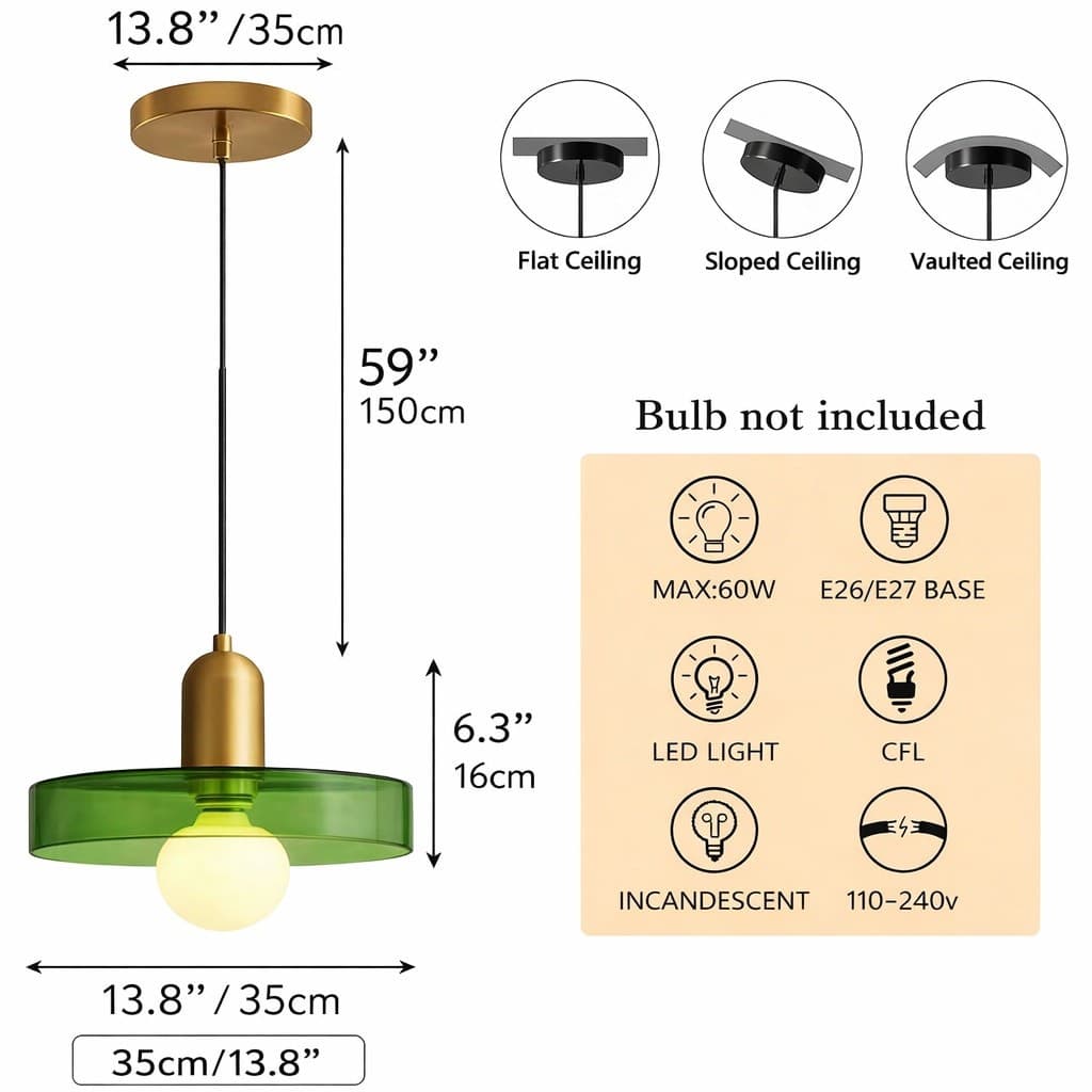 Green Glass Pendant Light Brass Gold Kitchen Island Hanging Lamp E26 - Thumbnail 2
