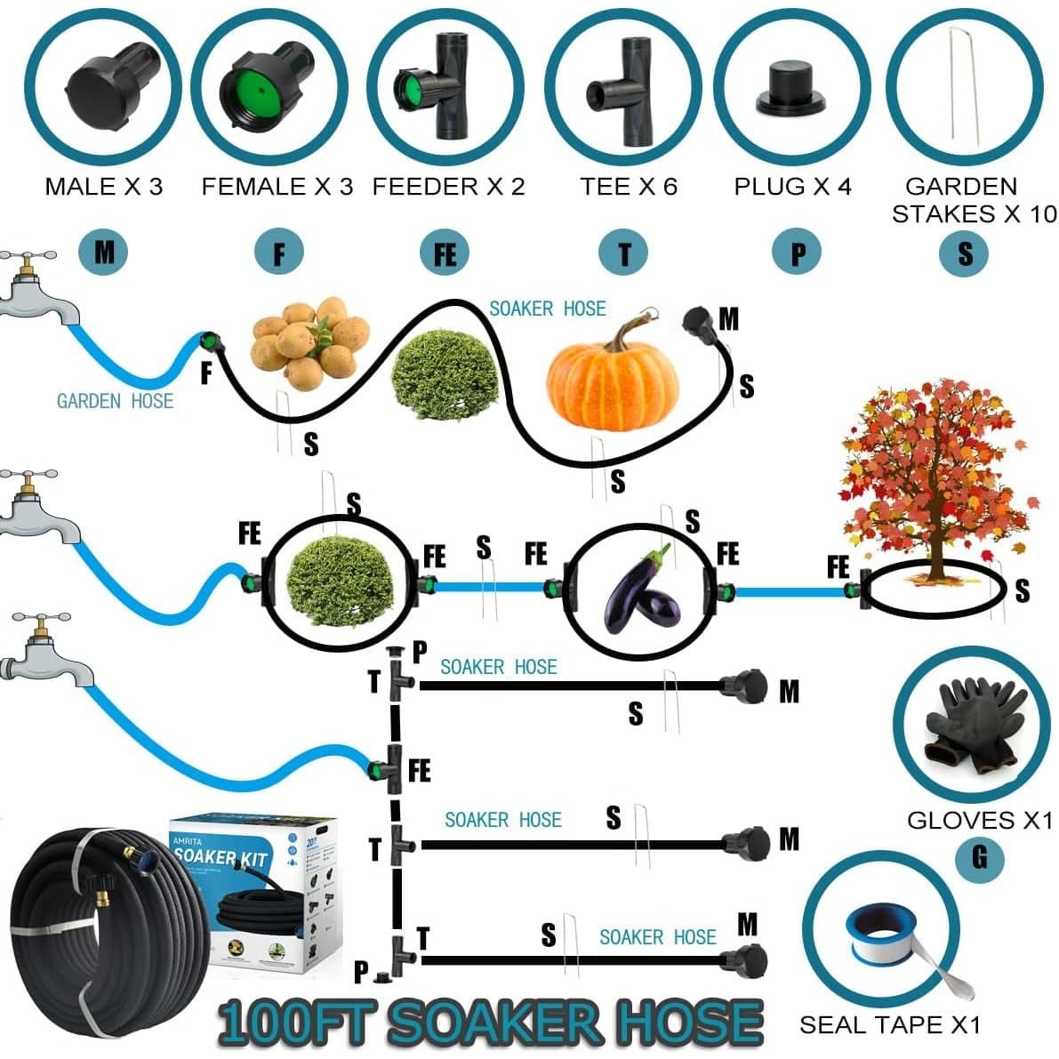 3/8'' 100FT Soaker Hose Kit Rubber Garden Hose Water Saving Black - Thumbnail 3