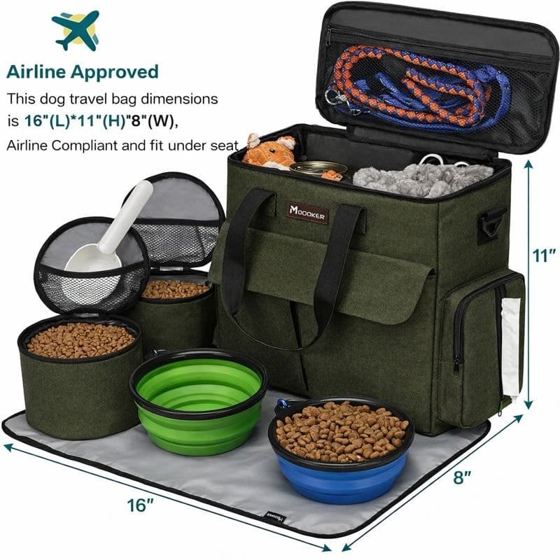 Dog Travel Bag Airline Approved Pet Travel Organizer w Bowls Food Containers - Thumbnail 3