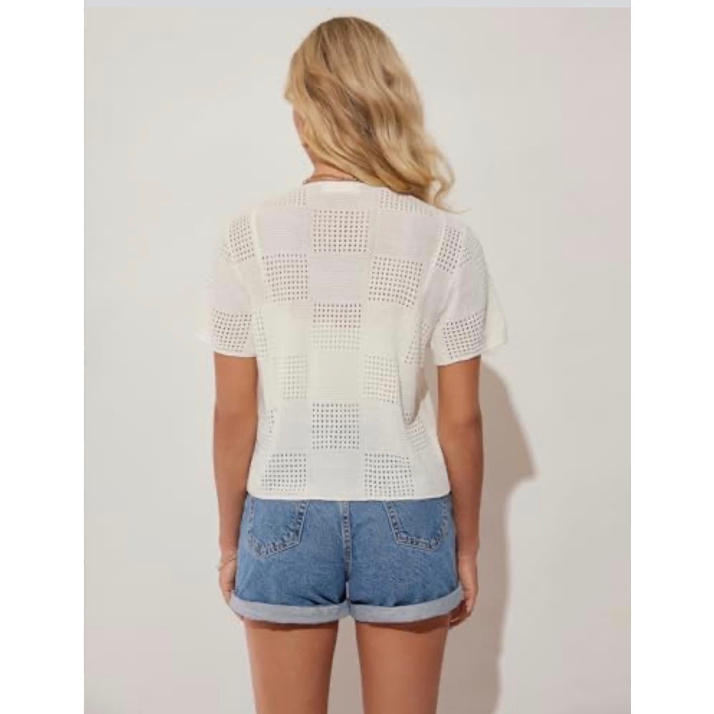 Women Crochet Knit Top Short Sleeve Tie Front Cardigan Summer Beige Shirt Size S - Thumbnail 3
