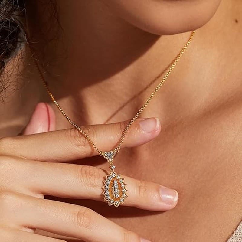 14K Gold Plated Oval Pendant Necklace Cubic Zirconia Pearl Vintage Style - Thumbnail 8