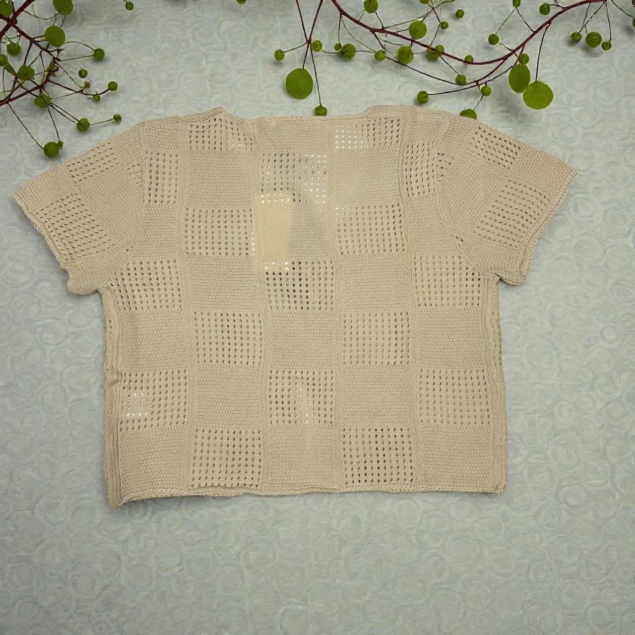 Women Crochet Knit Top Short Sleeve Tie Front Cardigan Summer Beige Shirt Size S - Thumbnail 5