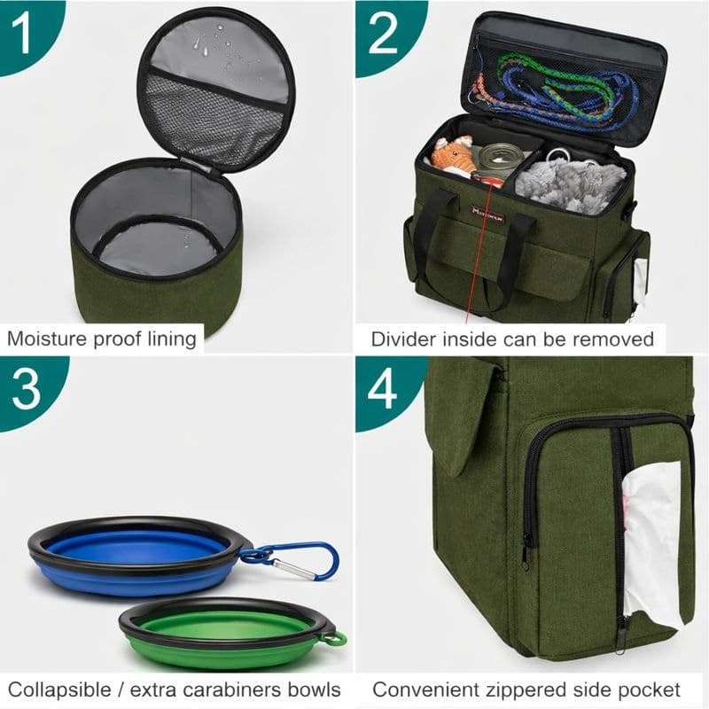 Dog Travel Bag Airline Approved Pet Travel Organizer w Bowls Food Containers - Thumbnail 4