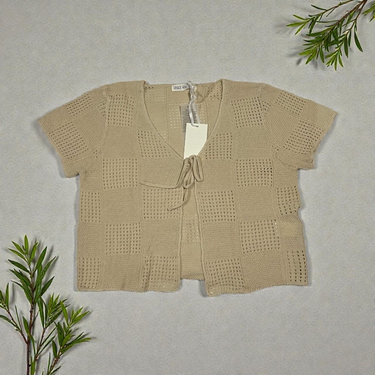 Women Crochet Knit Top Short Sleeve Tie Front Cardigan Summer Beige Shirt Size S - Thumbnail 4