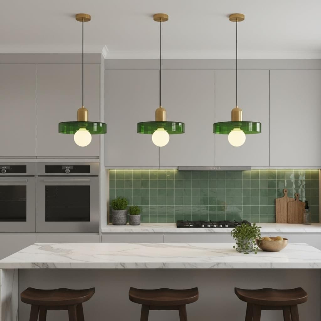 Green Glass Pendant Light Brass Gold Kitchen Island Hanging Lamp E26 - Thumbnail 4