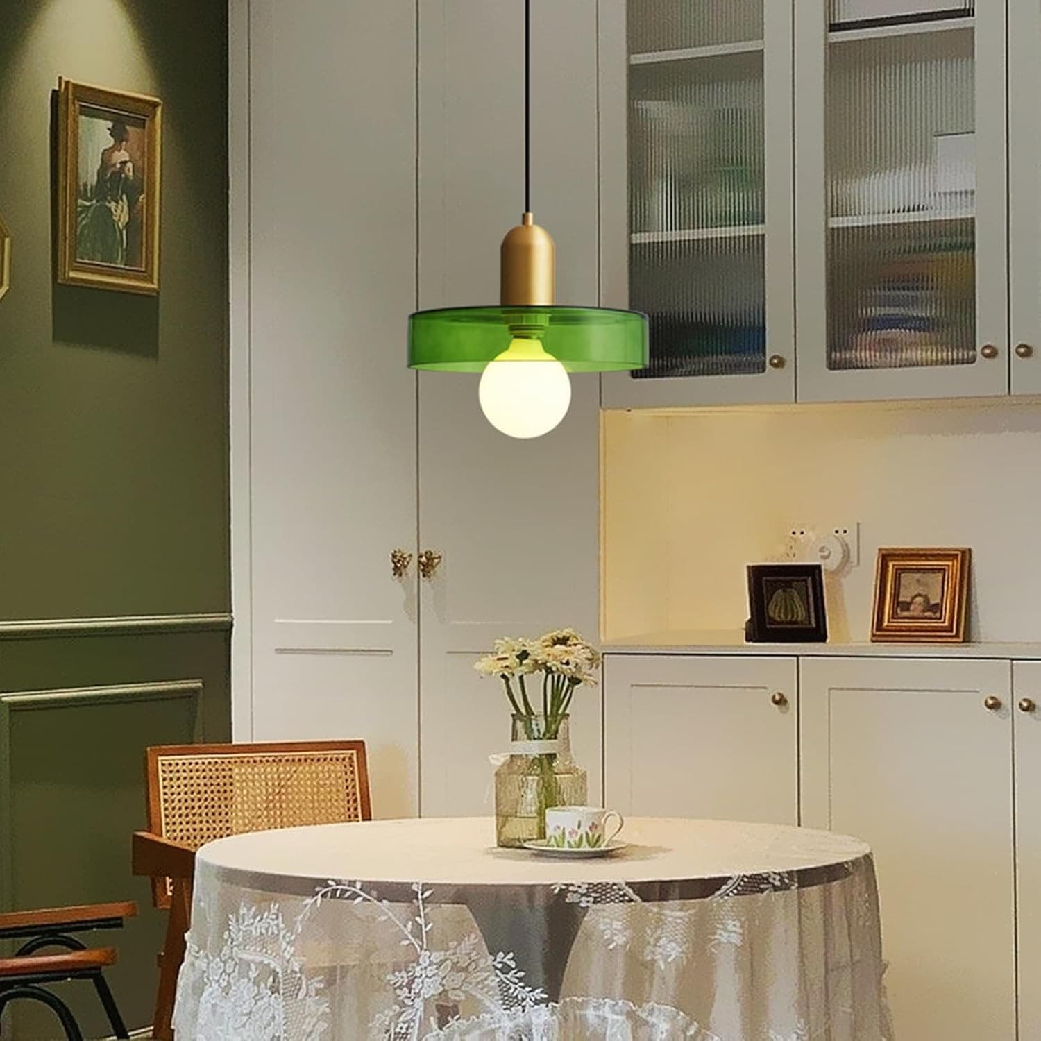 Green Glass Pendant Light Brass Gold Kitchen Island Hanging Lamp E26 - Thumbnail 5