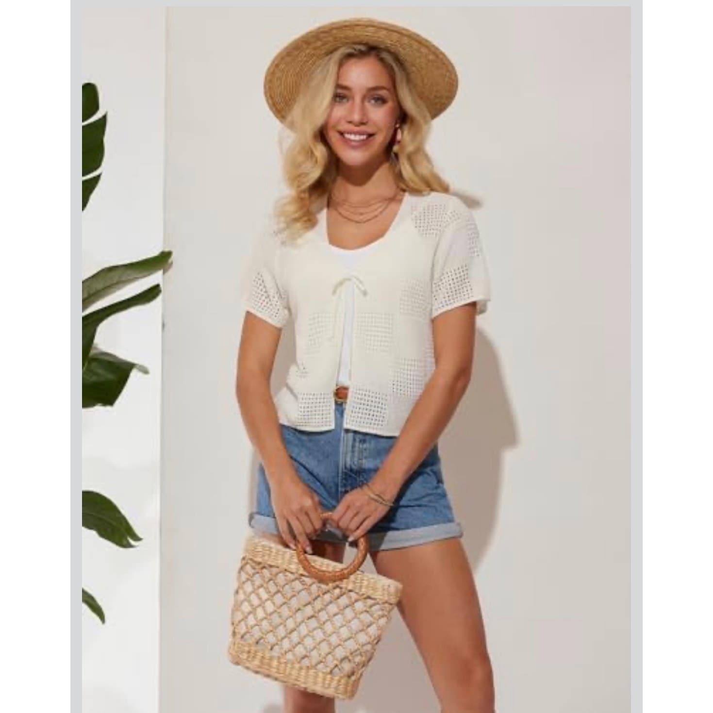 Women Crochet Knit Top Short Sleeve Tie Front Cardigan Summer Beige Shirt Size S - Thumbnail 2