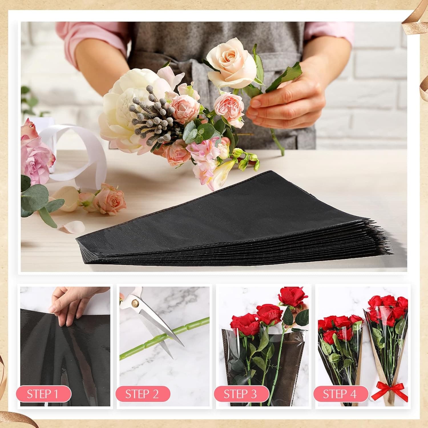 30pcs Black Bouquet Wrapping Bags 11"x3.5"x17.3" for Gifts, Weddings, Events - Thumbnail 2