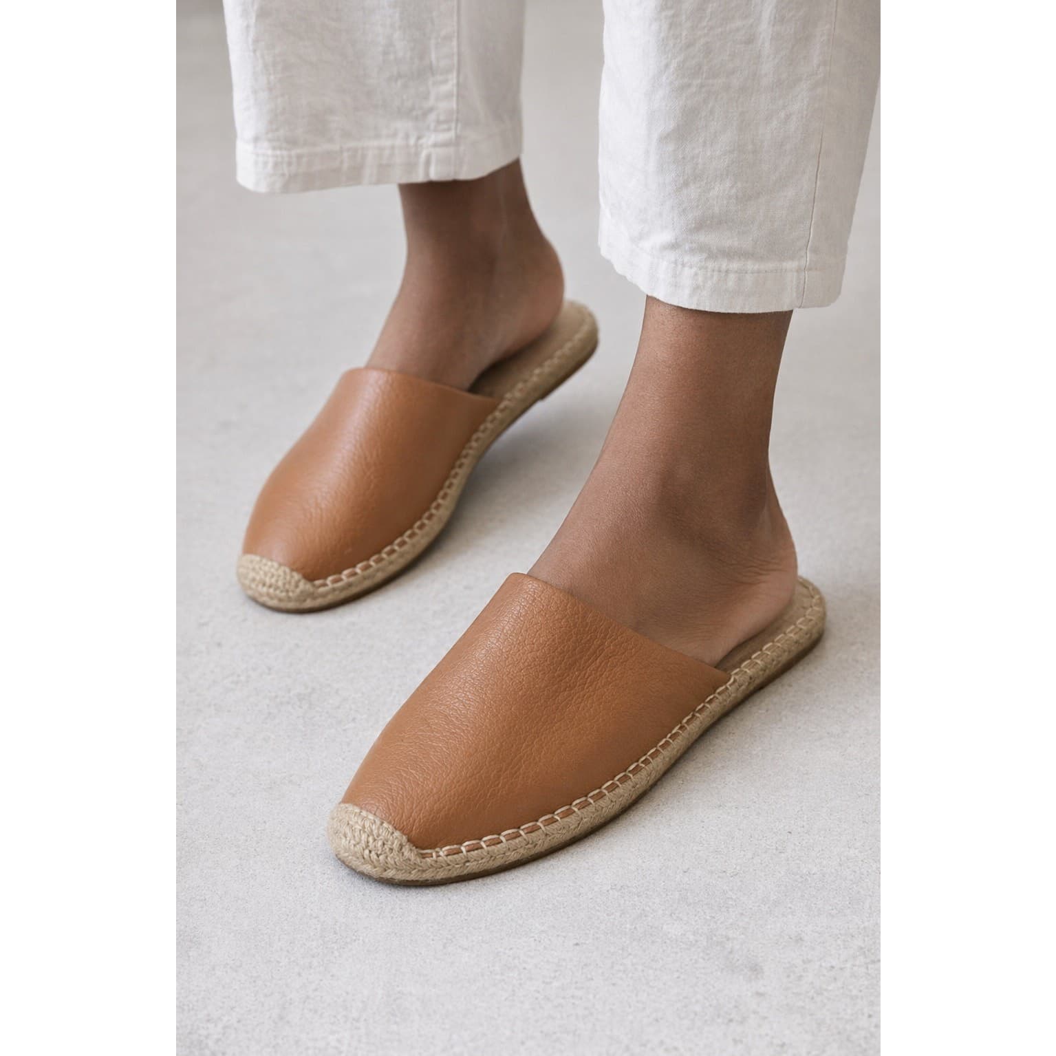EILEEN FISHER Kai Leather Espadrille Mule Size 7 Cognac Slip-On Flats New No Box - Thumbnail 8
