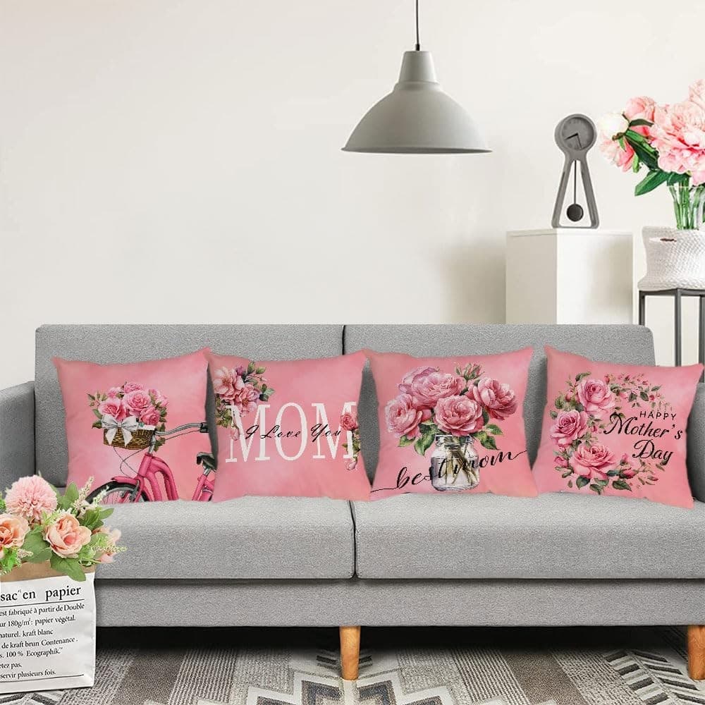Set of 4 Mother’s Day Pillow Covers 20x20 Pink Floral Mom Rose Cushion Decor - Thumbnail 5
