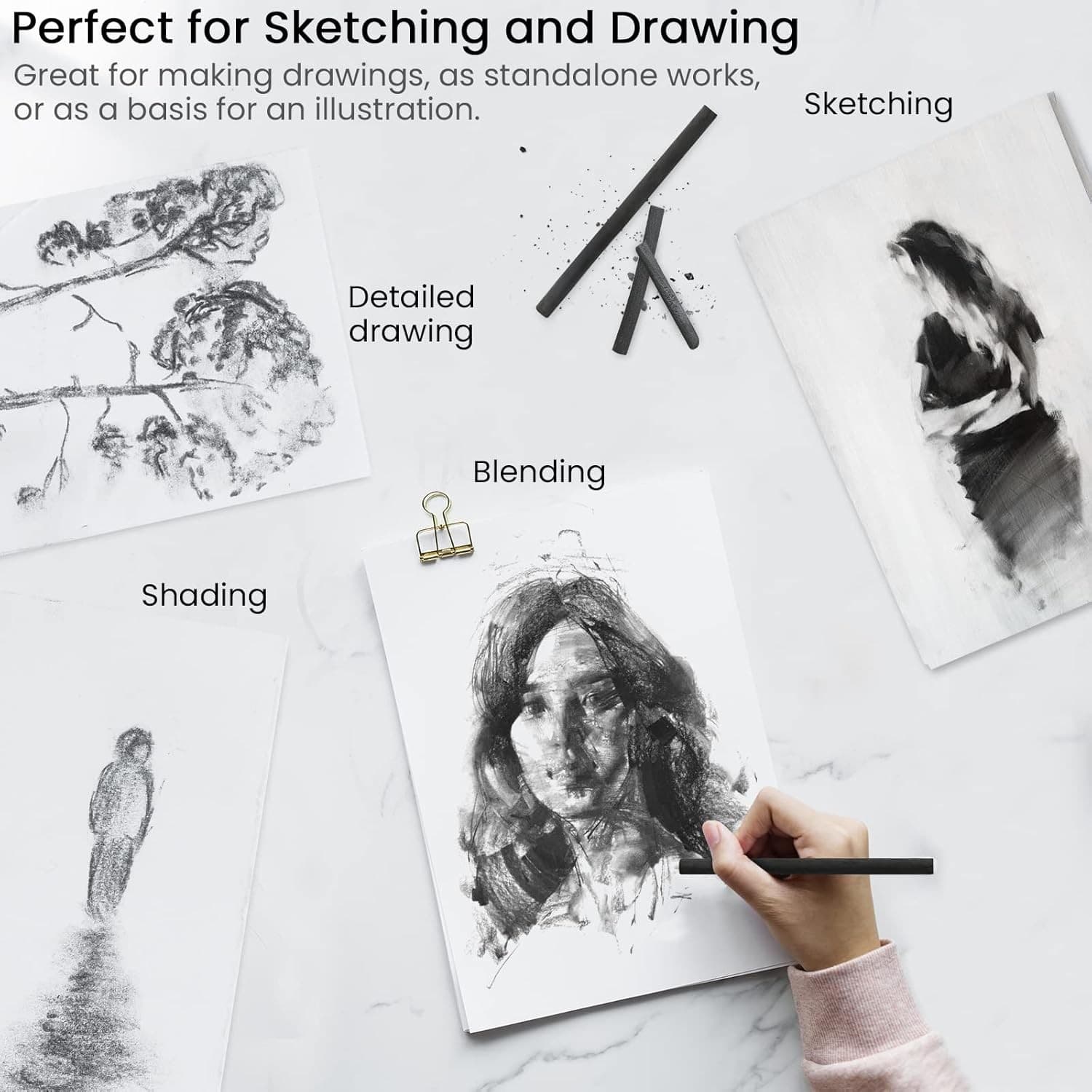 25 Willow Charcoal Sticks Natural Drawing Charcoal for Sketching 4-5mm - Thumbnail 3