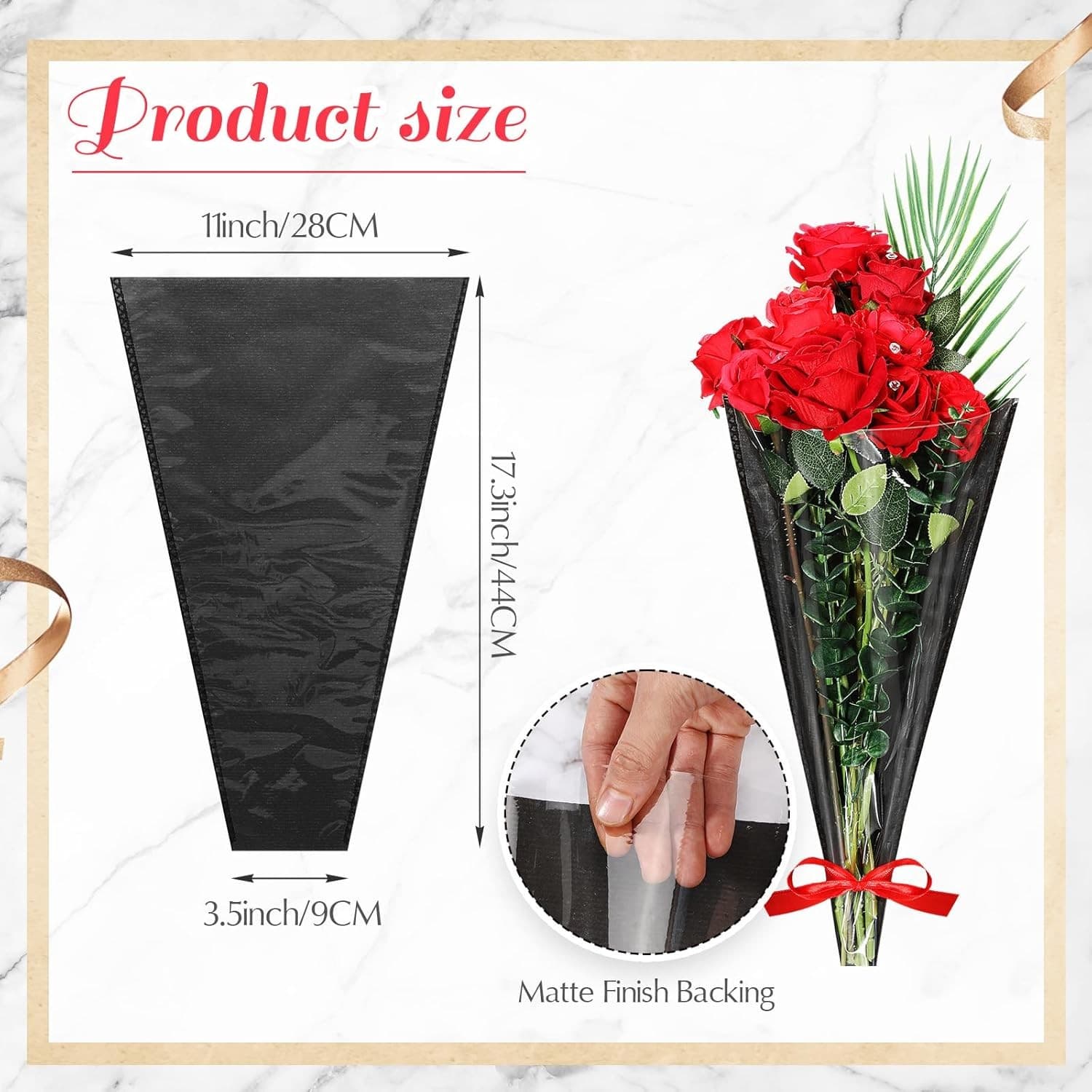 30pcs Black Bouquet Wrapping Bags 11"x3.5"x17.3" for Gifts, Weddings, Events - Thumbnail 3