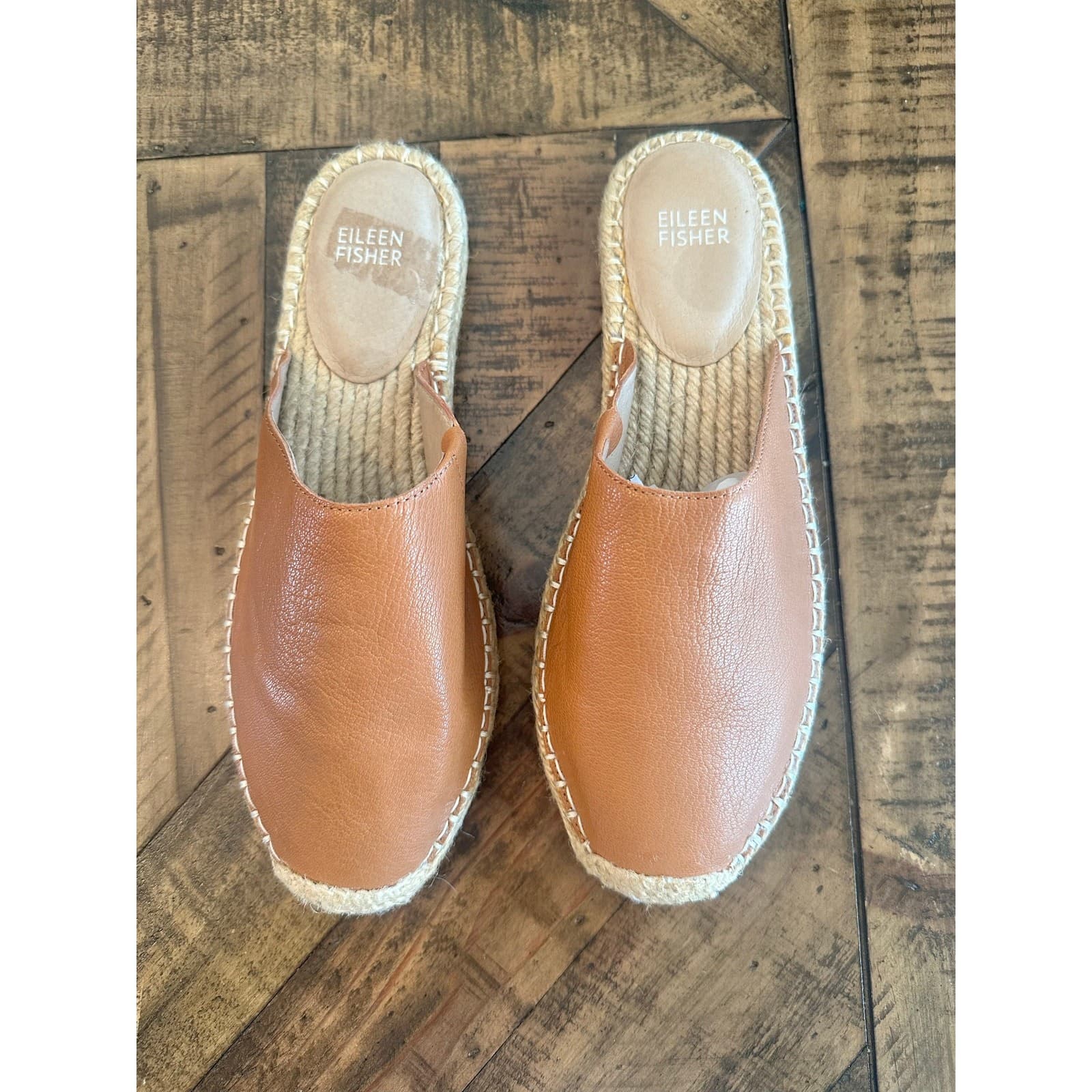 EILEEN FISHER Kai Leather Espadrille Mule Size 7 Cognac Slip-On Flats New No Box - Thumbnail 4