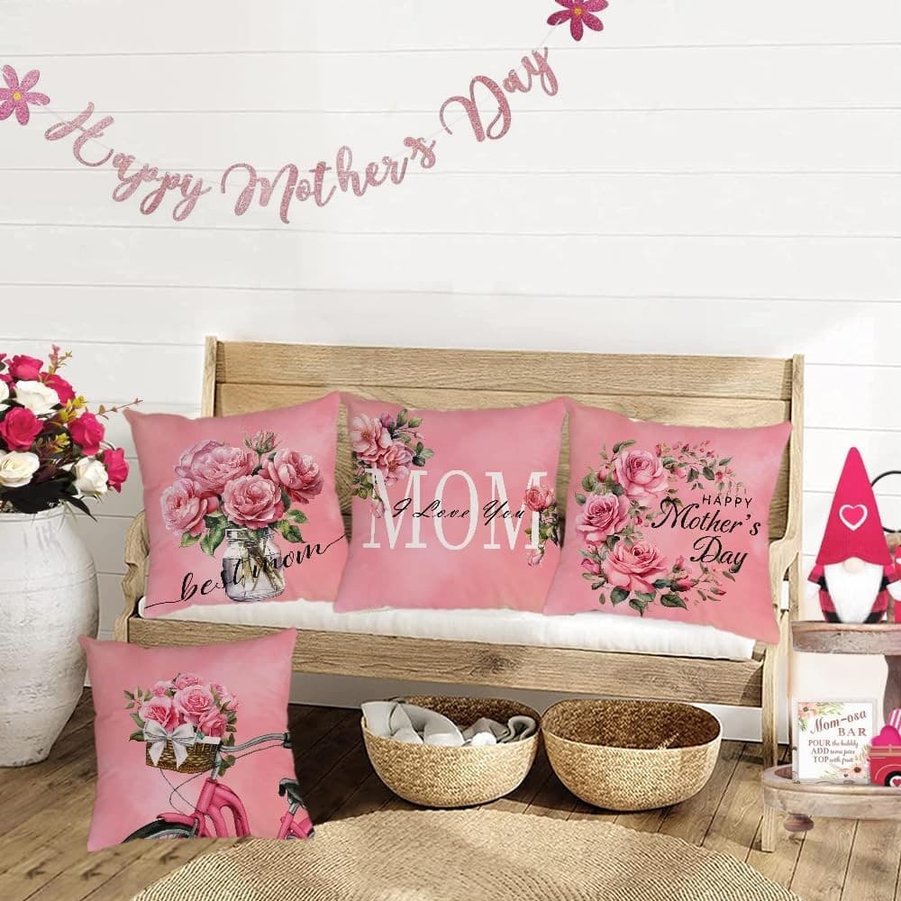 Set of 4 Mother’s Day Pillow Covers 20x20 Pink Floral Mom Rose Cushion Decor - Thumbnail 4