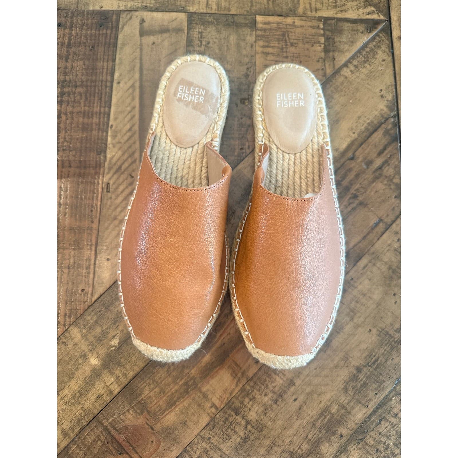 EILEEN FISHER Kai Leather Espadrille Mule Size 7 Cognac Slip-On Flats New No Box - Thumbnail 2