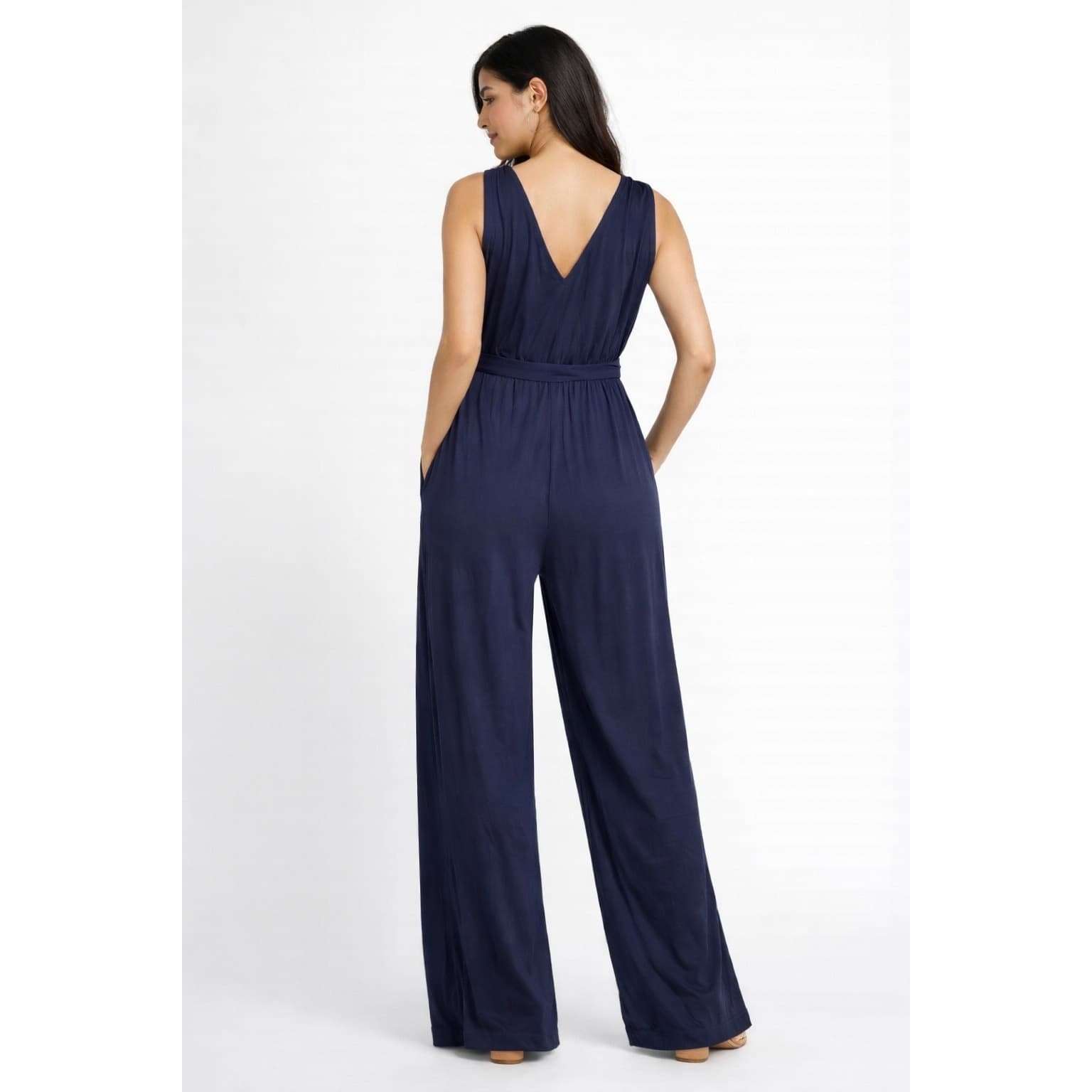 Trina Turk Navy V-Neck Wide Leg Jumpsuit Size S Tie Waist Sleeveless NWT - Thumbnail 2