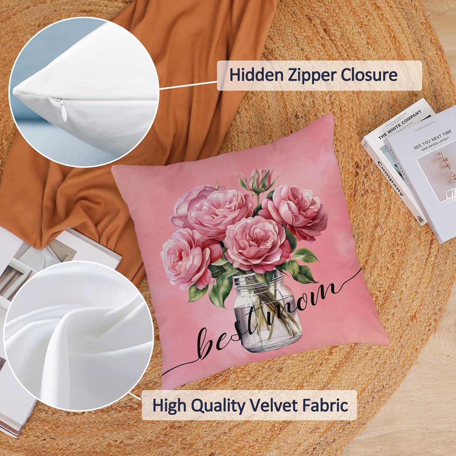 Set of 4 Mother’s Day Pillow Covers 20x20 Pink Floral Mom Rose Cushion Decor - Thumbnail 7