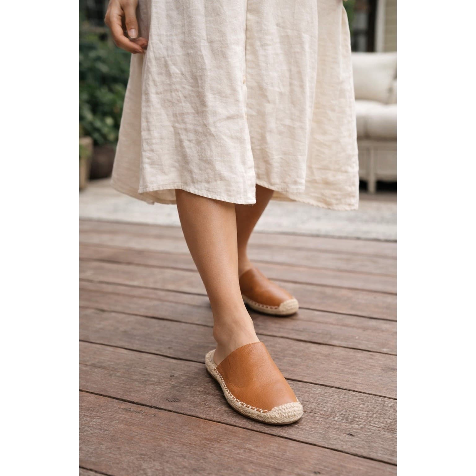 EILEEN FISHER Kai Leather Espadrille Mule Size 7 Cognac Slip-On Flats New No Box - Thumbnail 7